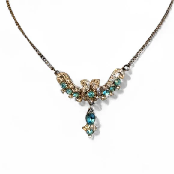 VINTAGE 1940 Silver Necklace Blue Clear Rhinestones Choker - Picture 10 of 12